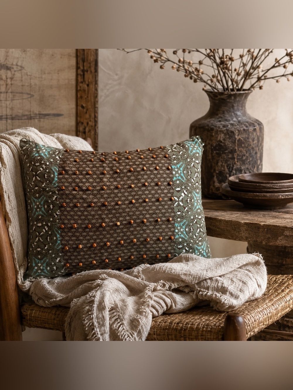 Decorative Embellished Lumbar Pillow Wabi Sabi Boho Chic #0825252
